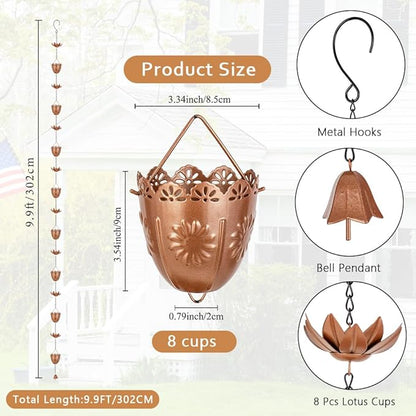 10FT Lotus Rain Chains, Rain Gutter Chain with 16 Flower Cups, Adjustable Rainwater Catcher Chain for Outside, Replacement for Downspout