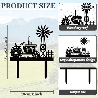 WADORN Farms Tractors Windmills Metal Decorative Stakes, Black Tractors Outdoor Statues Silhouette Funny Rustic Farm Gifts Farmhouse Ornaments for Farm Yard Art Garden Patio Backyard Lawn Decors