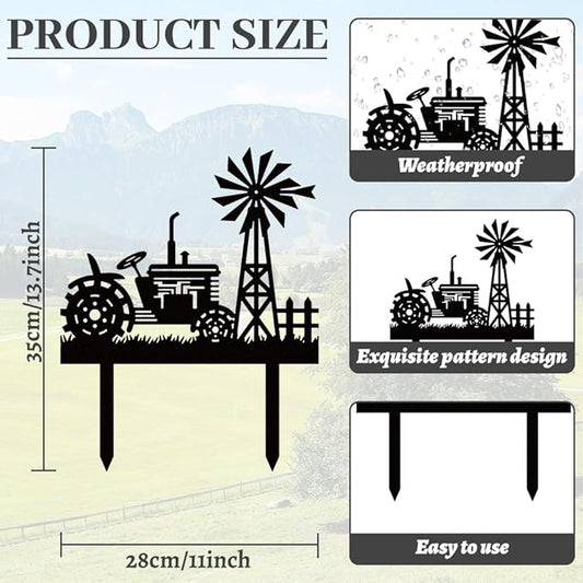 WADORN Farms Tractors Windmills Metal Decorative Stakes, Black Tractors Outdoor Statues Silhouette Funny Rustic Farm Gifts Farmhouse Ornaments for Farm Yard Art Garden Patio Backyard Lawn Decors