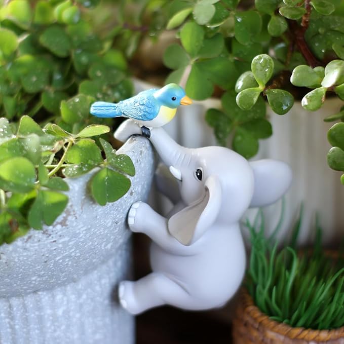 Cute Climbing Elephant with Bird Flower Pot Hugger Figurines Resin Hanging Elephant Statue Planter Pot Decorations for Home Garden Fence Balcony Patio Lawn Yard Ornaments