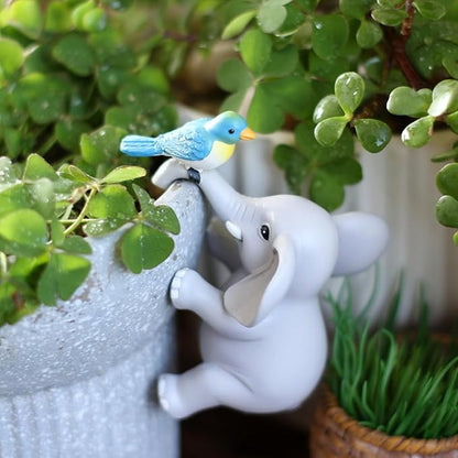 Cute Climbing Elephant with Bird Flower Pot Hugger Figurines Resin Hanging Elephant Statue Planter Pot Decorations for Home Garden Fence Balcony Patio Lawn Yard Ornaments