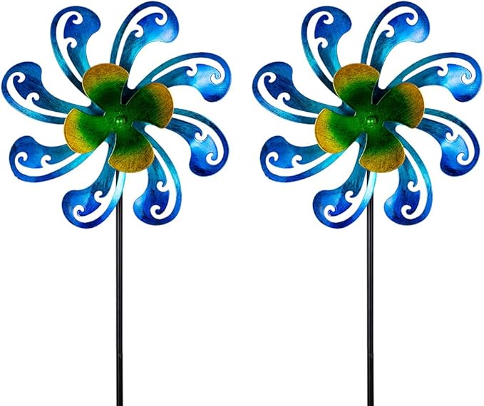 2 Packs Outdoor Metal Wind Spinner, Blue Wind Sculptures Windmill with Stake,Kinetic Yard Art Decor Pinwheels for Garden Outside Patio Lawn