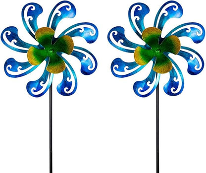 2 Packs Outdoor Metal Wind Spinner, Blue Wind Sculptures Windmill with Stake,Kinetic Yard Art Decor Pinwheels for Garden Outside Patio Lawn