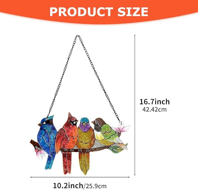 Stained Glass Window Hanging - Double-Sided 4 Birds on Branch Suncatcher, Vibrant Multicolor Glass Panel Art for Windows, Home Wall Decor, Indoor Outdoor Hanging Ornament for Bird Enthusiasts