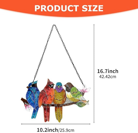 Stained Glass Window Hanging - Double-Sided 4 Birds on Branch Suncatcher, Vibrant Multicolor Glass Panel Art for Windows, Home Wall Decor, Indoor Outdoor Hanging Ornament for Bird Enthusiasts