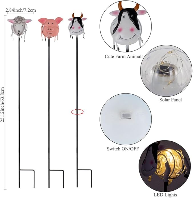 Farm Animal Solar Garden Lights,3Pack Waterproof Decorative Solar Stake Light,Decorative Statues Figurine Lights for Lawn Patio Pathway for Outside