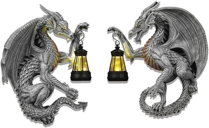Dragon Outdoor Porch Decor Hugger with Solar Lantern Gothic, Dragon Statue Garden Lights, Gifts for Mom, Housewarming Gifts for Women, Gifts for Christmas, Ideal Dragon Garden Decor-Pair