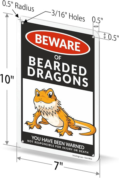 SmartSign Funny Beware Of Bearded Dragons Warning Sign - 10"x7", 40 mil Laminated Rust-free Aluminum - Metal Signs for Wall Decor, Outdoor, Patio, Gifts, Cafe - Dragon Theme, Made in USA