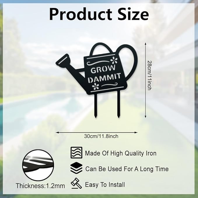 WADORN Grow Dammit Metal Outdoor Statues Silhouette, Funny Watering Can Metal Decorative Garden Stakes Rustic Silhouette Ornament Gift Funny Outdoor Decor for Backyard Patio Lawn Walkways Outdoor