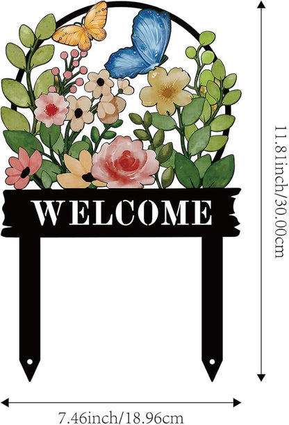 Decorative Garden Stakes, Welcome Yard Sign, Metal Arrangement Ornaments for Courtyard Lawn, Rusty Outdoor Decortions for Easter Housewarming (B)