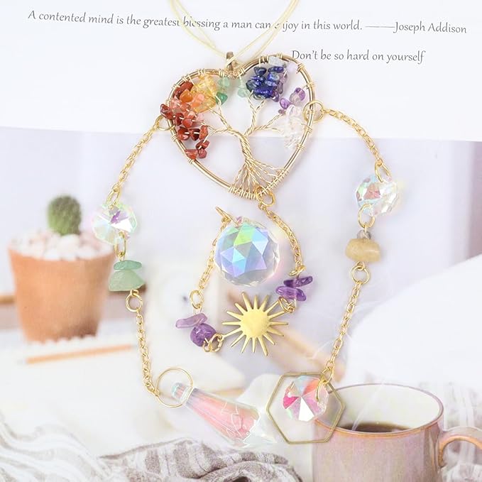 Crystal Sun Catcher, Heart 7 Chakra Tree of Life Crystal Suncatcher Hanging for Indoor Window, Dream Catchers for Car, Spiritual, Rainbow Maker