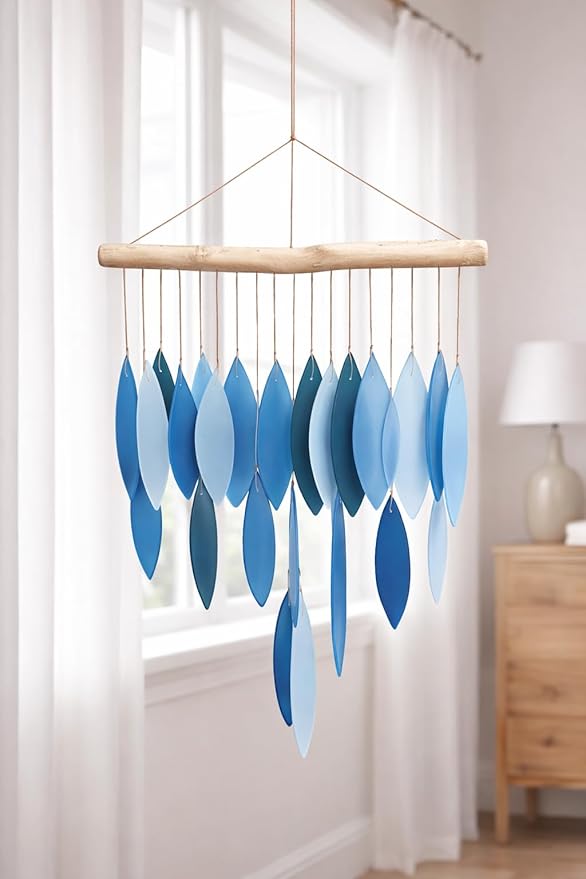 Blue & White Glass Wind Chime, Large 20″ – Recycled Glass & Driftwood Coastal Hanging Chime for Porch, Patio & Home