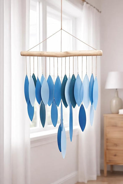 Blue & White Glass Wind Chime, Large 20″ – Recycled Glass & Driftwood Coastal Hanging Chime for Porch, Patio & Home