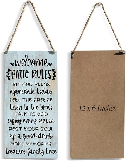 Rustic Patio Rules Wood Sign Welcome Sign Patio Decor Farmhouse Home Family Patio Wall Décor Hanging Wall Sign Wooden Wall Art Decor Decorative Plaque Sign for Home Porch Indoor Outdoor Bar Coffee