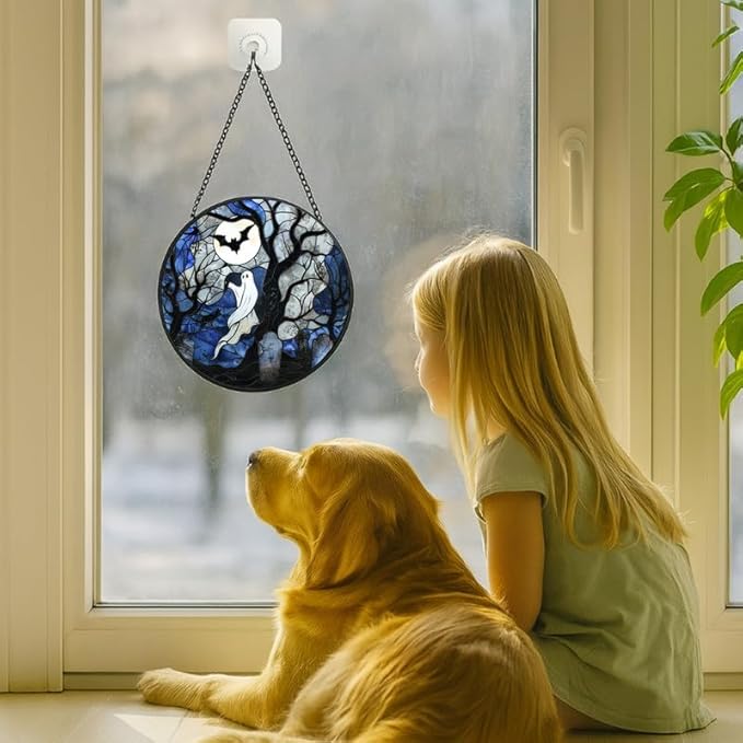 Stained Glass Window Hanging - 6.3in Spirits, Cat and Full Moon Graveyard Scene Sun Catchers Panel for Indoor Decorative Display for Mom, Wife, Lovers, Festive