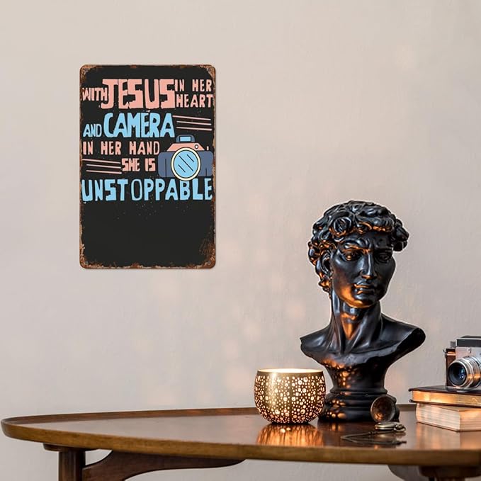 patio wall decor Cool Jesus And A Camera metal signs vintage Cave Home & Outdoor Decoration Vintage Wall Art with Inspirational Quotes & Life Sayings 8X12inch