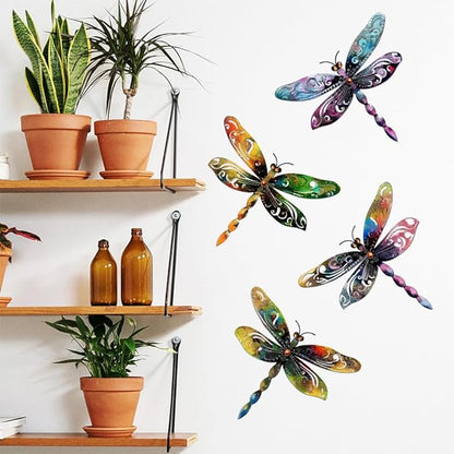 Set of 4 Colorful Dragonfly Metal Sign Art Decor,4Pcs Dragonflies Silhouette Wall Hanging Gifts for Birthday Housewarming,Dragonfly Ornament Decorate for Fence Garden Yard Patio Farmhouse Ranch