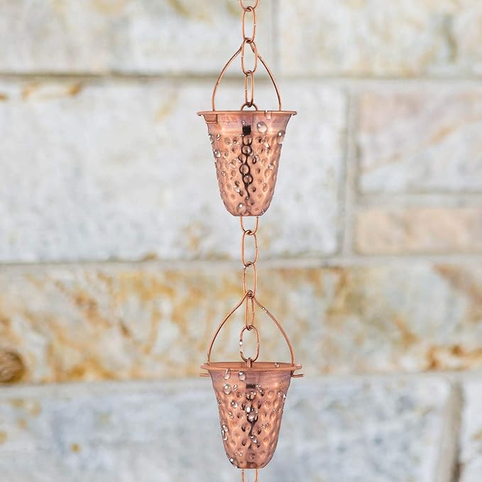 Copper Rain Chain w/Gutter Adapter – Decorative Chimes & Cups Replace Gutter Downspout & Divert Water Away from Home for Stunning Fountain Display – 6.5’ Long
