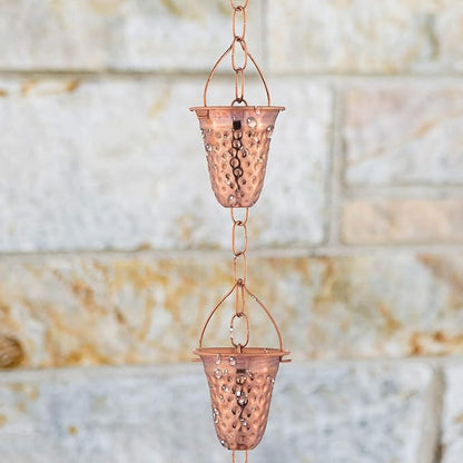 Copper Rain Chain w/Gutter Adapter – Decorative Chimes & Cups Replace Gutter Downspout & Divert Water Away from Home for Stunning Fountain Display – 6.5’ Long