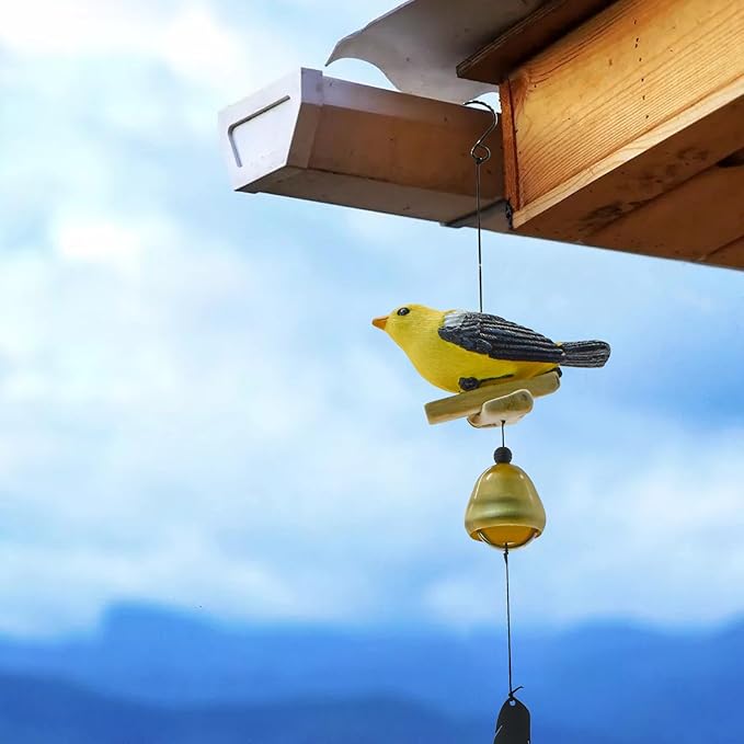 MrMrKura Bird Wind Chimes, Metal Wind Bell Pendent for Outside Hanging Wind Chime with Feather Ornament for Bless Garden Backyard Home Decor (Yellow)