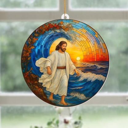 Stained Glass Jesus Walking on Water Christmas Tree Ornament – Acrylic Sun Catcher Window Hanging, Christian Religious Decor, Inspirational Gift for Men & Women, Car Rearview Mirror Charm(Sun-30)