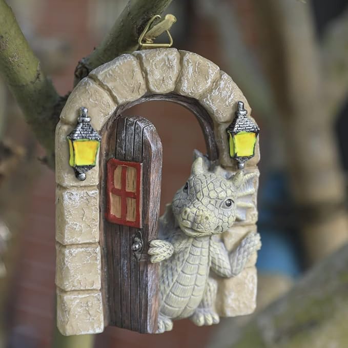 SHOWFEICAT Dragon Garden Ornament Resin Craft Ornament Statue Fairy Door Yard Art Outdoor and Garden Solar Light Luminous Sand Open Door Dragon Wall Statue Outdoors Decor (Open The Door)