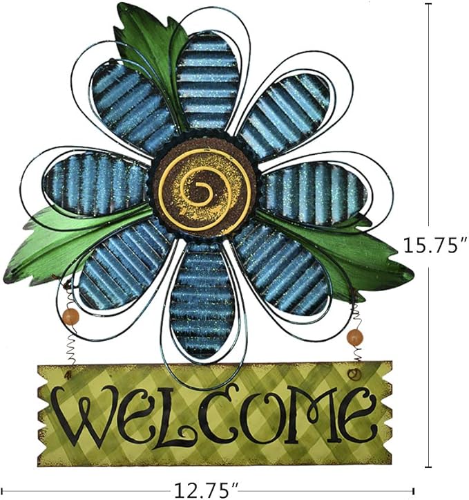 Metal Welcome Sign Daisy Hanging Signs for Front Door - Indoor Outdoor Door Decor Wall Art Flower Decoration Decorative Ornament Wreath for Home Garden Patio (Blue)