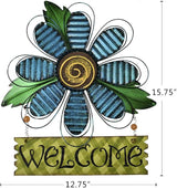Metal Welcome Sign Daisy Hanging Signs for Front Door - Indoor Outdoor Door Decor Wall Art Flower Decoration Decorative Ornament Wreath for Home Garden Patio (Blue)