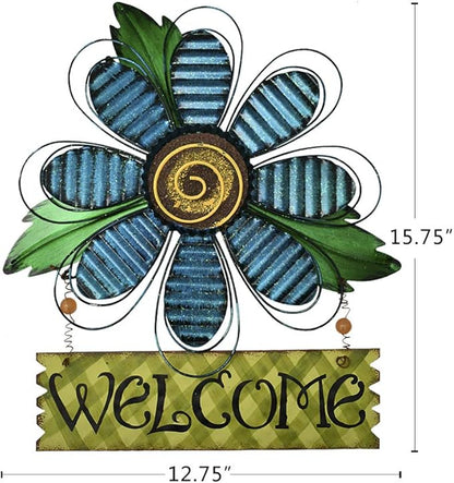 Hanging Welcome Sign Metal Flower Signs Wreath Decor Decorative Door Hanger Indoor Outdoor Spring Decoration for Porch Wall Front Door (Blue)