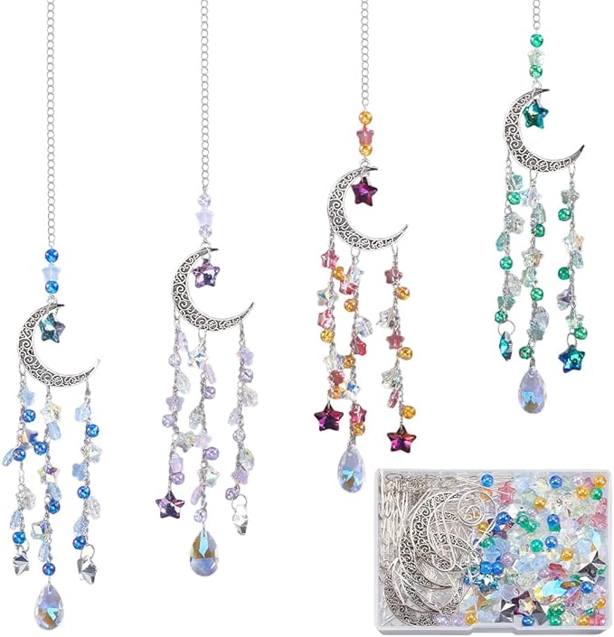 SUNNYCLUE 1 Box DIY 4 Sets Moon Suncatcher Craft Rainbow Catcher Window Moon Star Five Star Pentagram Ab Colored Beaded Teardrop Sun Light Catcher Making Kit for Hanging Ornament Garden Decorations