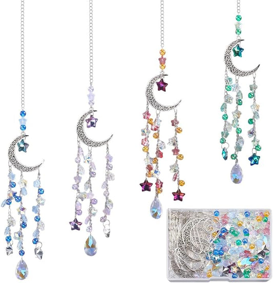 SUNNYCLUE 1 Box DIY 4 Sets Moon Suncatcher Craft Rainbow Catcher Window Moon Star Five Star Pentagram Ab Colored Beaded Teardrop Sun Light Catcher Making Kit for Hanging Ornament Garden Decorations