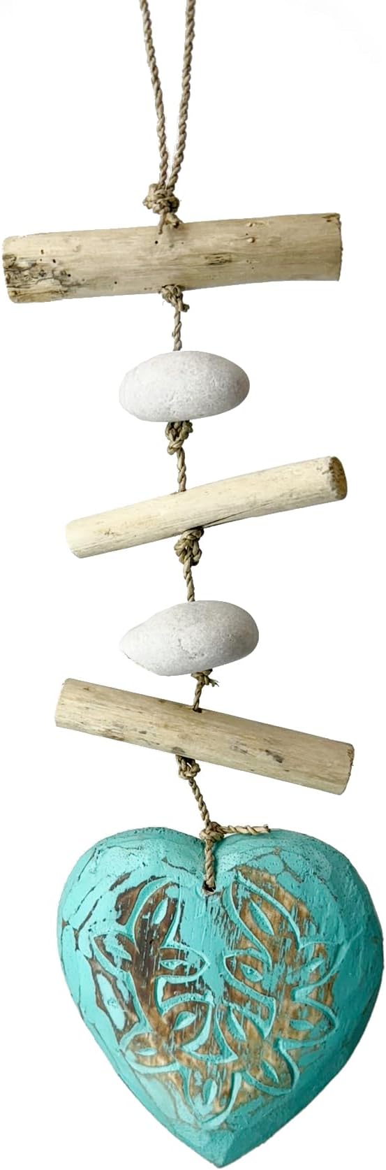Heart Driftwood Hanging Coastal Decor - Beach Wood Stone Garland Indoor Outdoor Patio Garden Gift 15" Teal