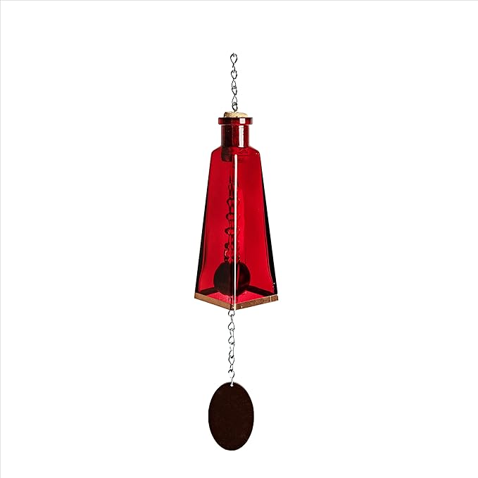 Blue Ridge Mountain Gifts Pyramid Bottle Wind Chime for Garden & Porch Decor w/Cooper Accent, Stained Wooden Ball, & Colorful Glass Bottles - Ideal for Wind Chime Lovers (Red)
