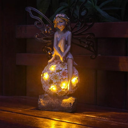 Suyorpe Flower Fairy Garden Decor,Garden Fairy Statues Outdoor,Solar Powered Outdoor Fairy Figurine Accessories,Patio Lawn Yard Porch, Resin Ornaments for Outside Gifts,9.45 Inches Tall