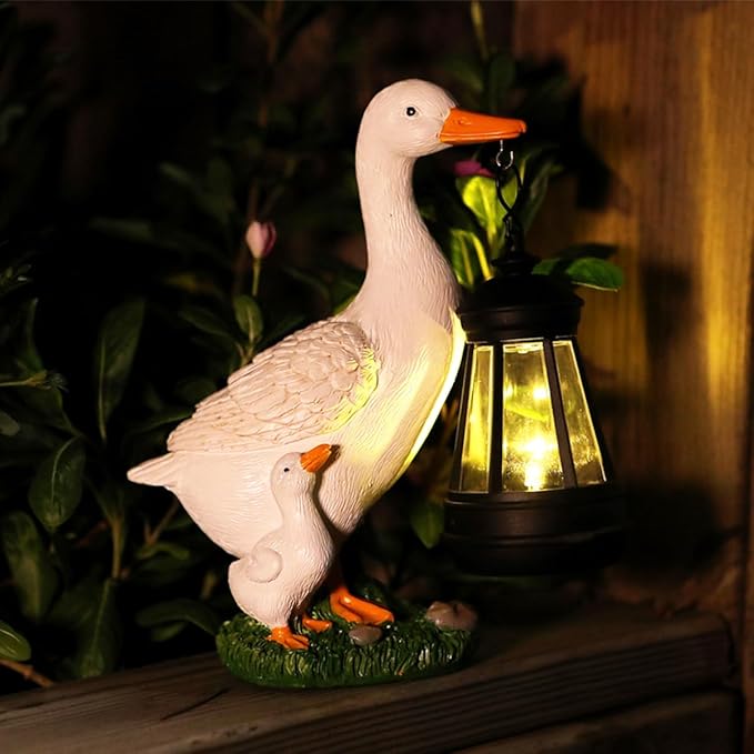 Garden Duck Statue with Solar Lantern, 7.7 Inches Resin White Duck Figurines Light Yard Art Sculpture Outdoor Decor for Patio Lawn Backyard Porch Ornaments