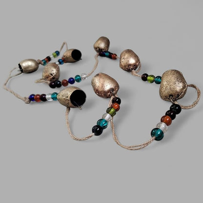 Vintage Rustic Metal Dome Bells Garland with Multicolor Glass Beads – Handcrafted Hanging Decor for Indoor Outdoor Garden, Patio, Farmhouse & Boho Style (8 Bells)