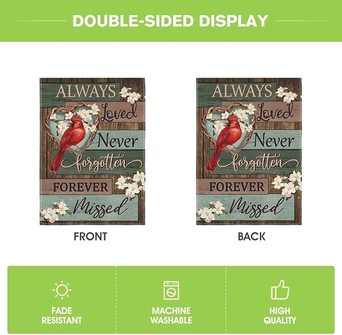 AVOIN colorlife Cardinal Memorial Garden Flag 12x18 Inch Double Sided Outside, Always Loved Never Forgotten Memorial Day Gravesite Saying Yard Outdoor Decoration