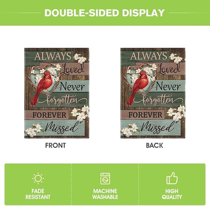 AVOIN colorlife Cardinal Memorial Garden Flag 12x18 Inch Double Sided Outside, Always Loved Never Forgotten Memorial Day Gravesite Saying Yard Outdoor Decoration