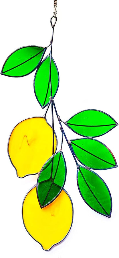 Lemons Leaf Green Artificial Plants, Handcrafted Stained Glass Window Wall Hanging Suncatchers, Fake Plants as Gifts for Houseplant Lovers