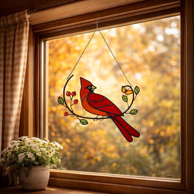 Glass Cardinal Bird Stained Glass Window Hanging Suncatcher Indoor Panel, Nautical Suncatcher Decor for Home, Wall, Garden, Coastal Ornament, Gift for Women and Mom