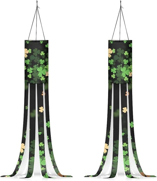 Jeiento St Patricks Day Green Leaf Windsock Set of 2 Green Windsock Flag Holiday Party Supplies Outdoor Hanging Decoration 40" Wind Socks for Farmhouse Lawn Yard Home Garden