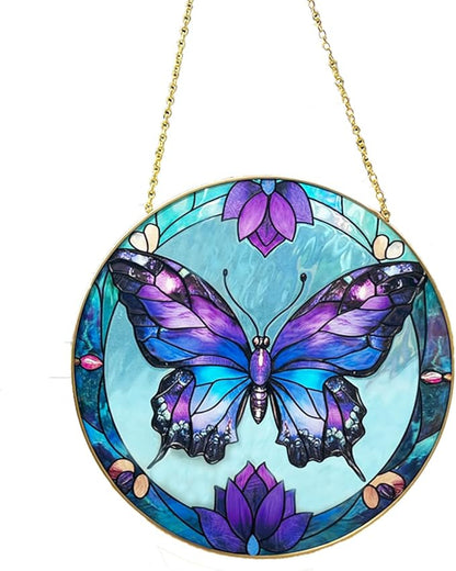 Butterfly Stained Glass Window Hanging, 7.8" Hand-Painted Sun Catcher Glass Panel Wall Art Decor with Chain, Butterfly Gifts for Women Mom Grandma, Outdoor Indoor Art Decor for Home Garden
