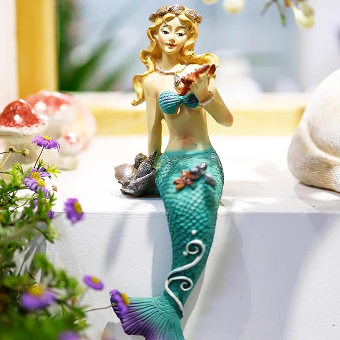 OLizee® Creative Resin Mermaid Garden Figurine Mermaid Figure Decor Garden Mermaid Statue Mermaid Sculpture Decor for Indoor Outdoor Blue