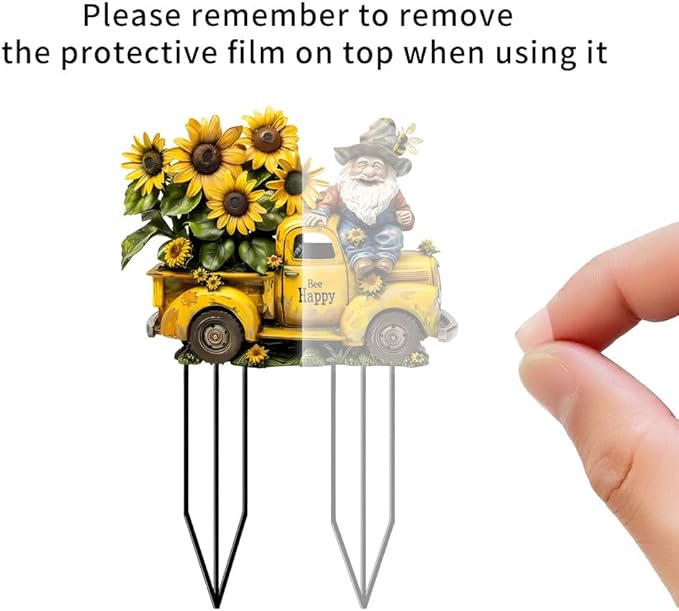 Garden Stake Decor, Acrylic 2D Flat Cute Animal Statue, Fairy Sculptures Ornament Indoor Outdoor Yard Lawn Pot Plant Decorative Accessories (A Truck Filled with Sunflowers)