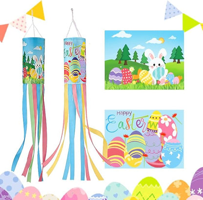 2Pack 40 Inch Spring Easter Windsock, Bunny Outdoor Holiday Windsock Flags Decorations for Yard Garden Home Party Hanging Decor