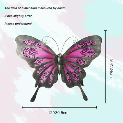 LIFFY Metal Butterfly Wall Decor, 12" Glass Butterfly Outdoor Wall Art, Hanging Garden Decorations for Yard Fence Patio