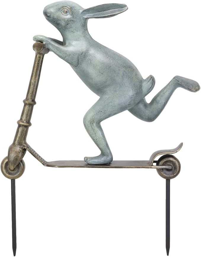 Ebros Gift Large Aluminum Metal Verdigris Whimsical Speedy Bunny Rabbit Riding On Scooter 3D Art Garden Stake Statue 18.25" Long for Outdoors Yard Pool Home Decorative Accent