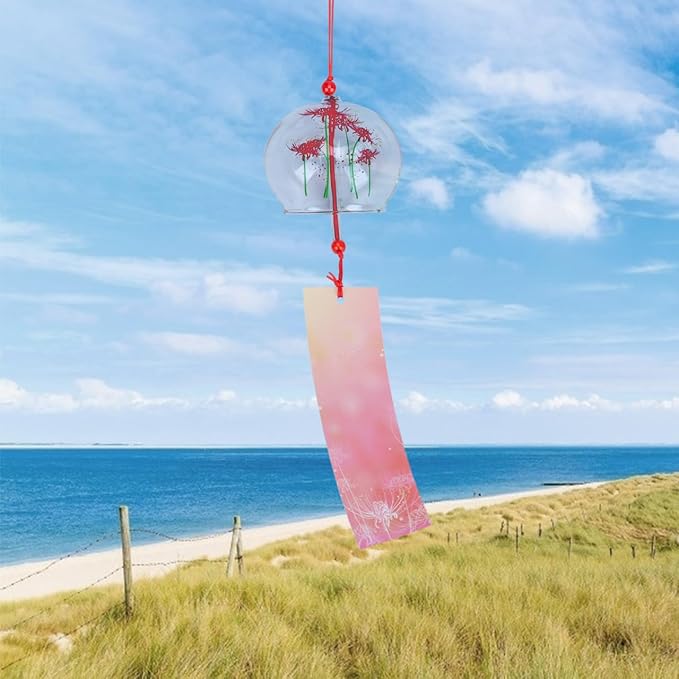 PartyKindom Japanese Glass Wind Chime - Hand-Painted Furin Bell for Outdoor Garden, Patio and Home Decor - Aesthetic Zen Hanging Ornament for Summer Festival, Cherry Blossom Pattern