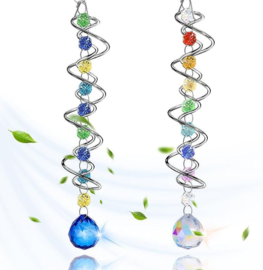 2 Pack Crystal Sun Catcher,Colored Suncatcher for Window Hanging Double Spiral Design,Wind Spinner Gazing Prism Ball Spiral Tail,Rainbow Maker for Yard Garden Indoor Home Outdoor Decor Party Gifts