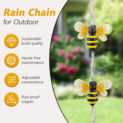 8.4 FT Rain Chains for Outside, Decorative Glow Bee Rain Chain with 12 Cups, Metal Adjustable Rain Catcher Chain, Replacement Downspout for Gutters